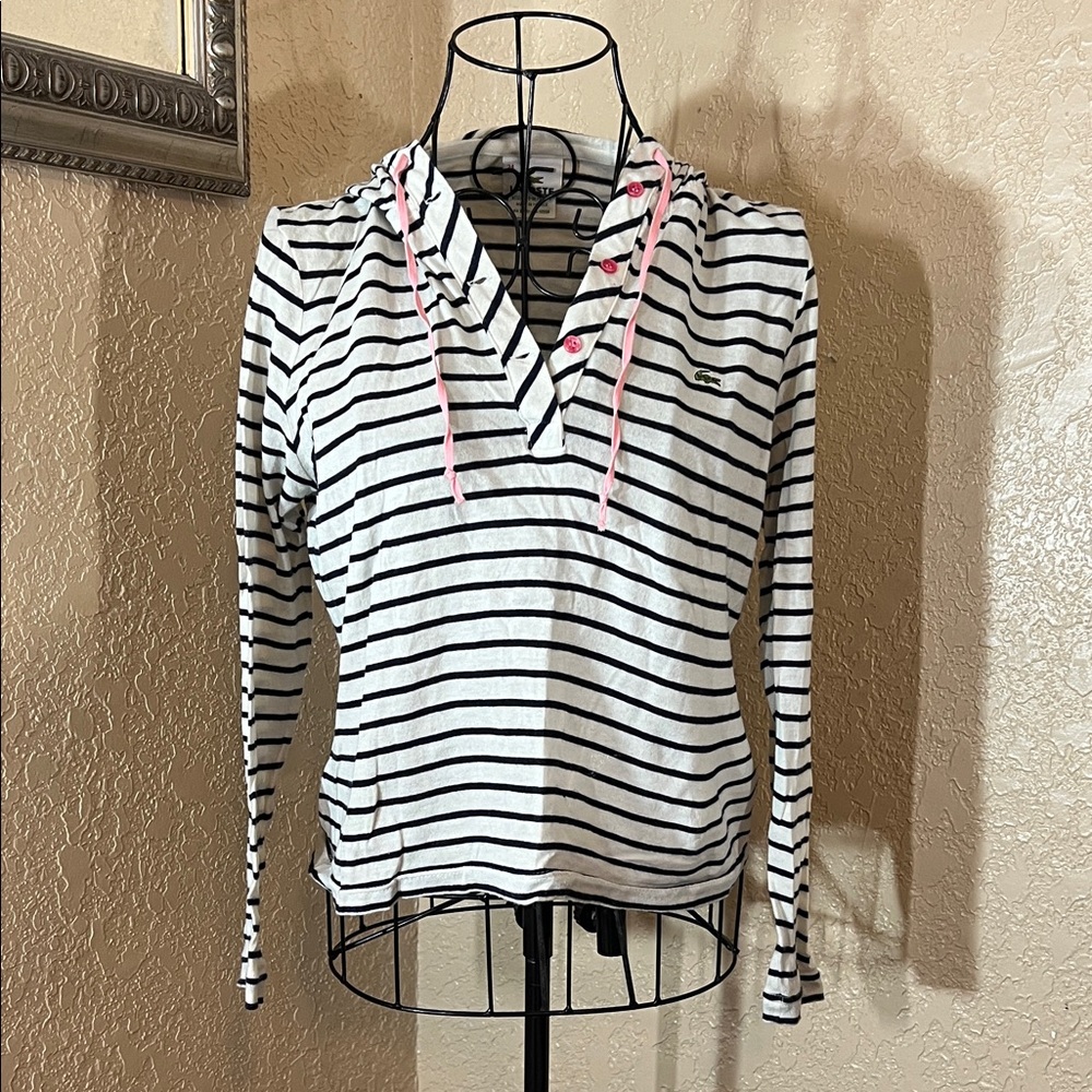 Lacoste Black and White Striped Hoodie with Pink Accents